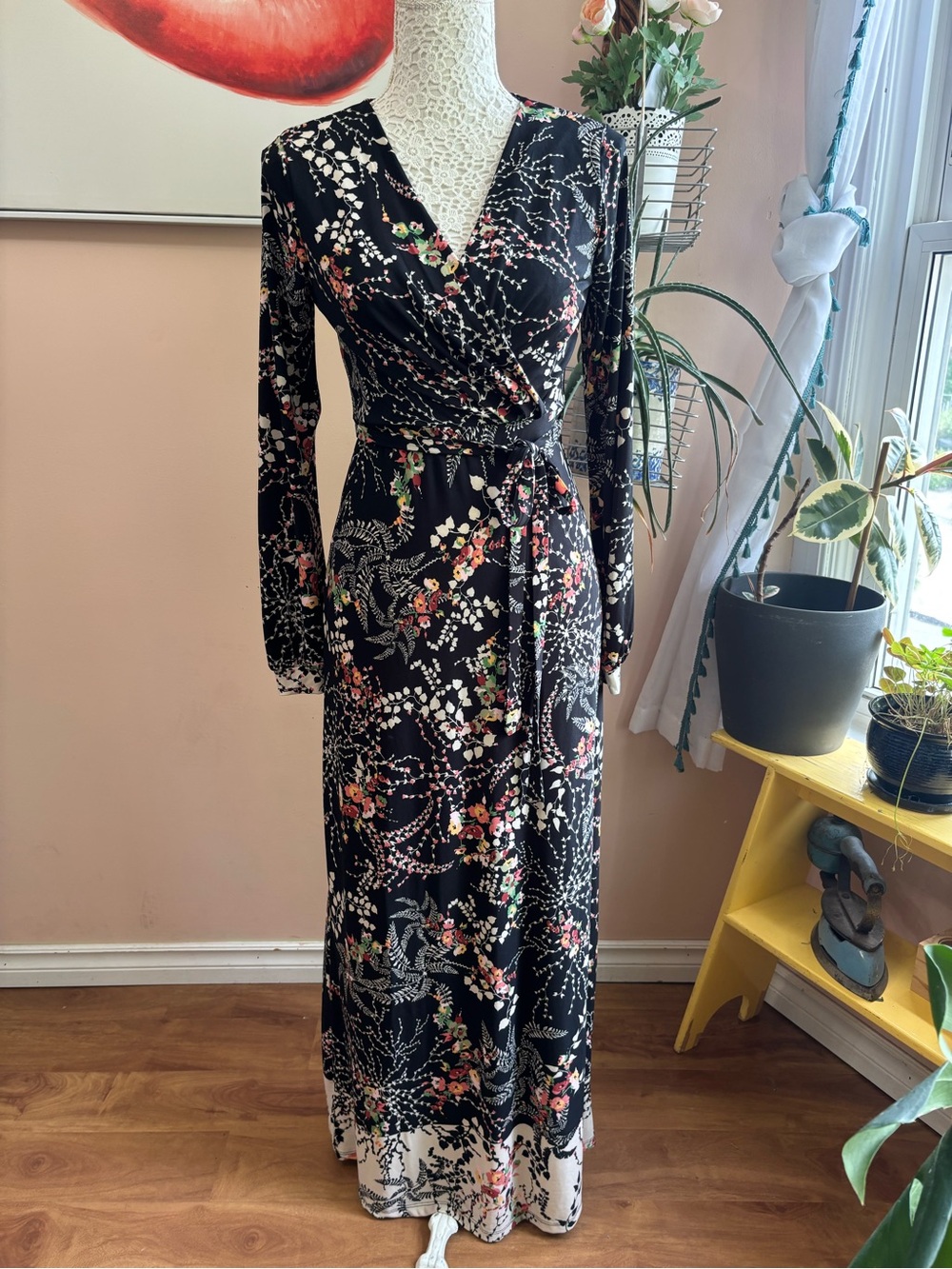 Warehouse Black Floral Wrap Maxi Dress with Tie Waist